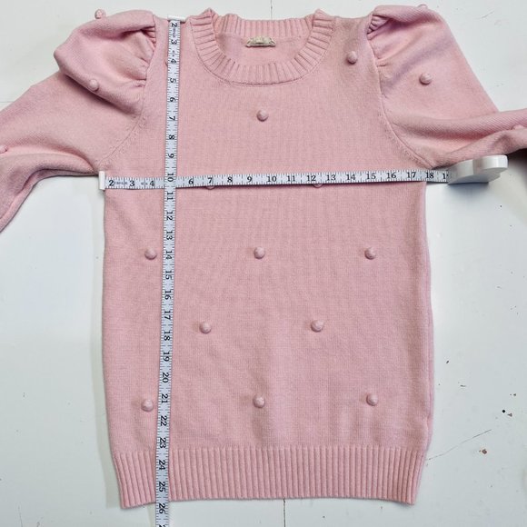 Aaron & Amber Light Pink Puff Sleeve Pom Pom Pullover Sweater (size M) - Picture 10 of 11